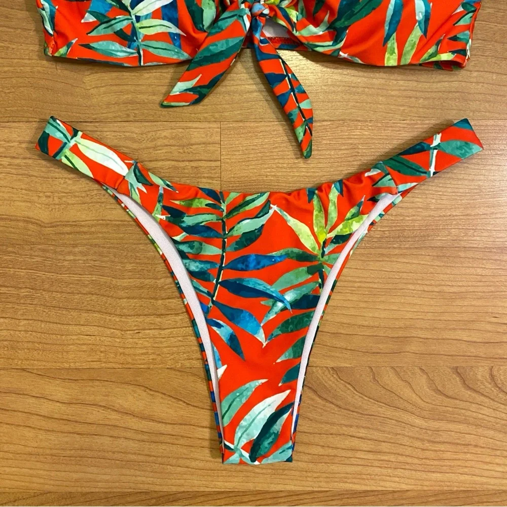 Red Tropical Knot Front Cheeky Bikini Set